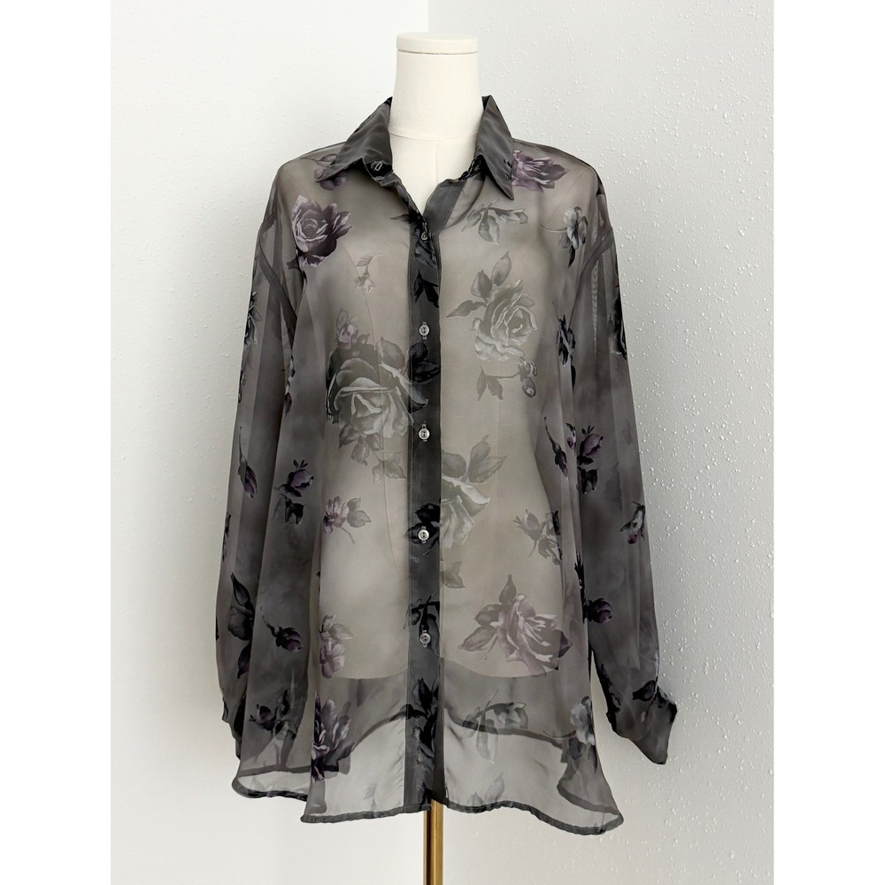 Vintage Y2K Sheer Floral Blouse Black Purple Whimsigoth Romantic Goth 2XP